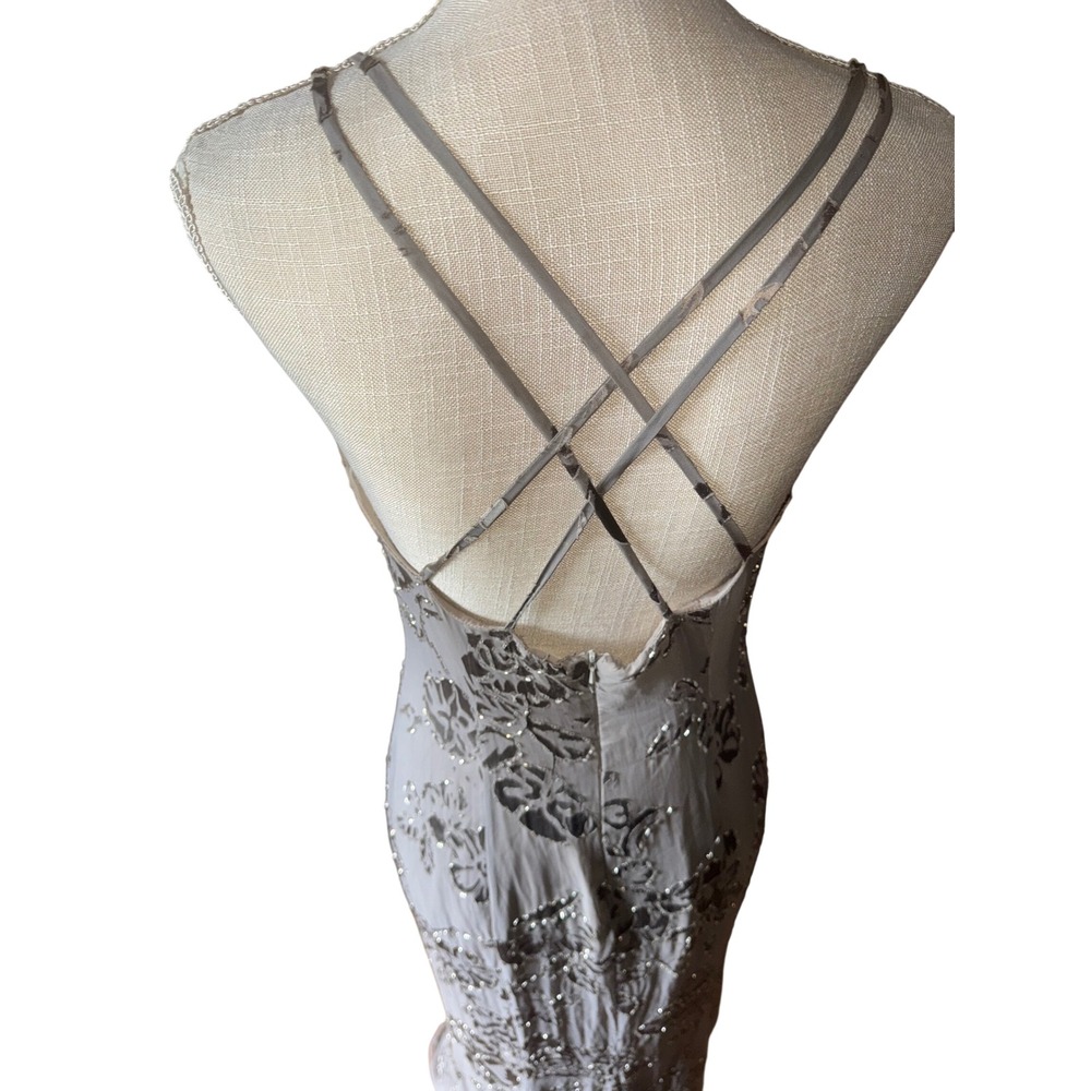 Vtg 90s Grey Silk Floral Sequin Beaded Burnout Formal Evening Dress 6/S FLAW